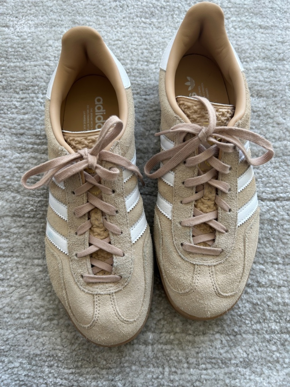 adidas Beige Suede Sneakers with White Stripes - Gazelles